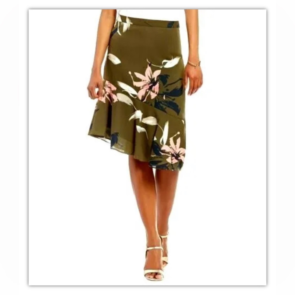 Women's Skirt HALSTON Asymmetric Casual Floral Olive Color Size: 6,14